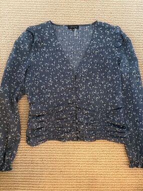 1. State Navy Blue Floral V-Neck Smocked Hem Blouse